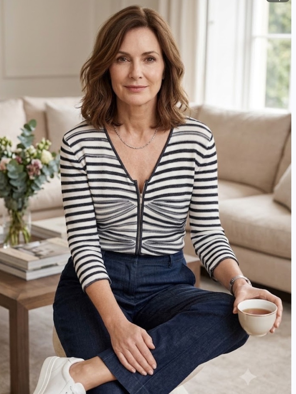 Armani Collezioni Navy and White Striped Zip-Front Top
